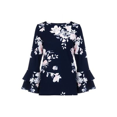 Navy and pink floral print frill sleeve top